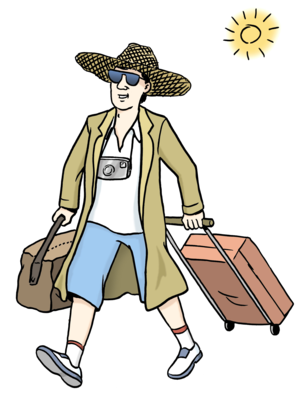 Ein Mann geht mit seinem Koffer in den Urlaub